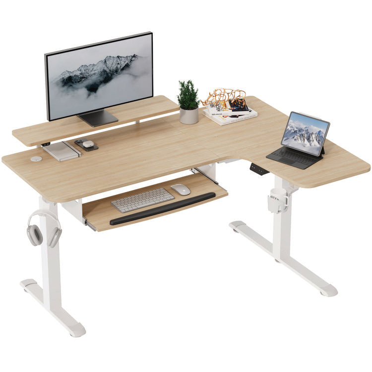 L-Shaped Standing Desk with Keyboard Tray, Right Desk, 61.25" x 43.25" x 34.38" to 52.88", Maple White/White