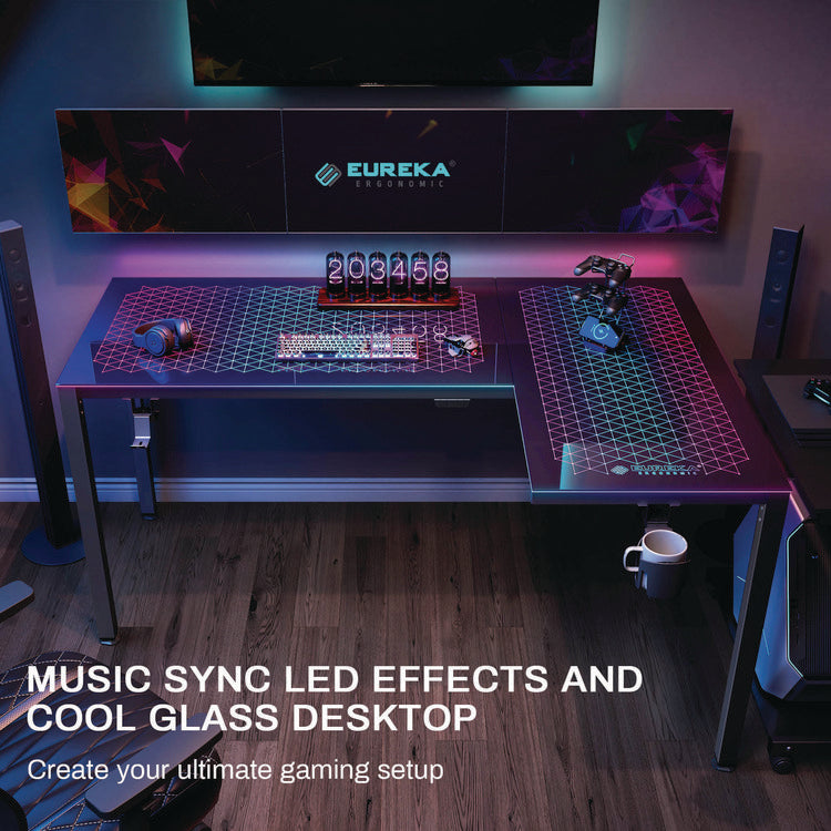 RGB LED Lights Glass Gaming Desk, 60" x 40.25" x 30", Black