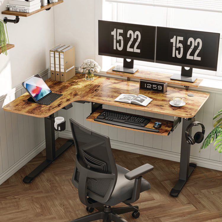 L-Shaped Standing Desk with Keyboard Tray, Right Desk, 61.25" x 43.25" x 34.38" to 52.88", Rustic Brown/Black