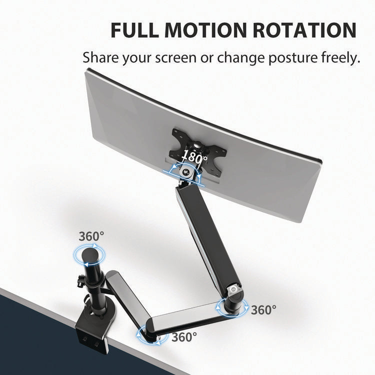 Single Monitor Arm, For 32" Monitors, 90 deg Rotation, 35 deg Tilt, 360 deg Pan, Black, Supports 17.6 lbs