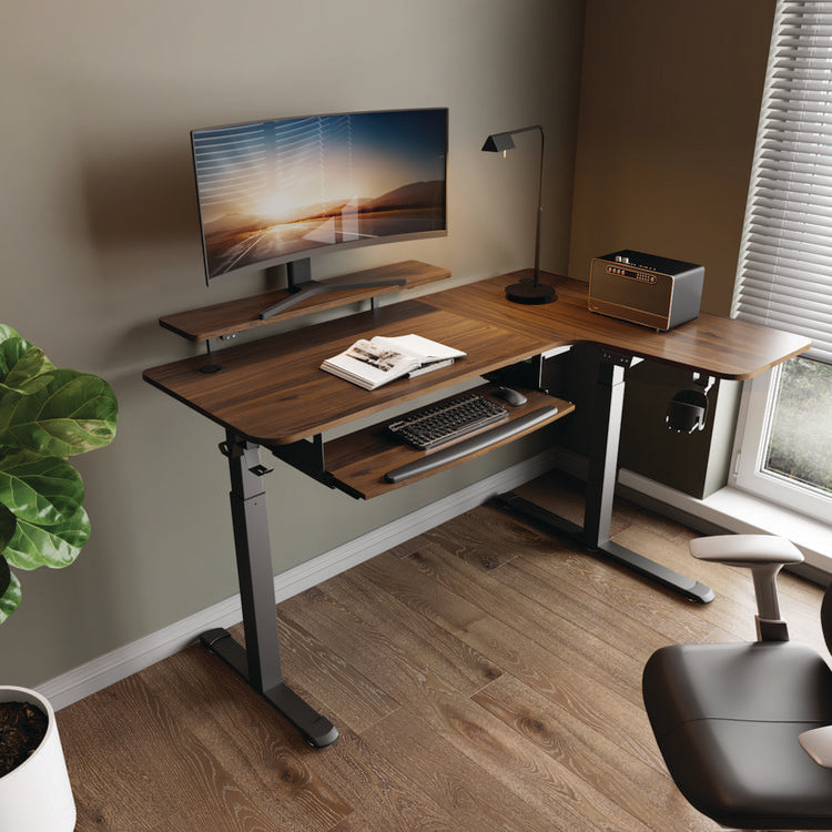 L-Shaped Standing Desk with Keyboard Tray, Right Desk, 61.25" x 43.25" x 34.38" to 52.88", Walnut/Black