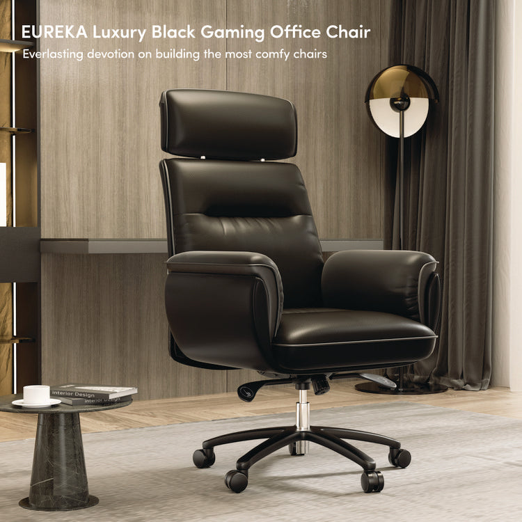 Royal Executive Office Chair, Support up to 300 lb, 19.46"-22.26" Seat Height, Black PU Leather Seat, Black Faux Leather Back