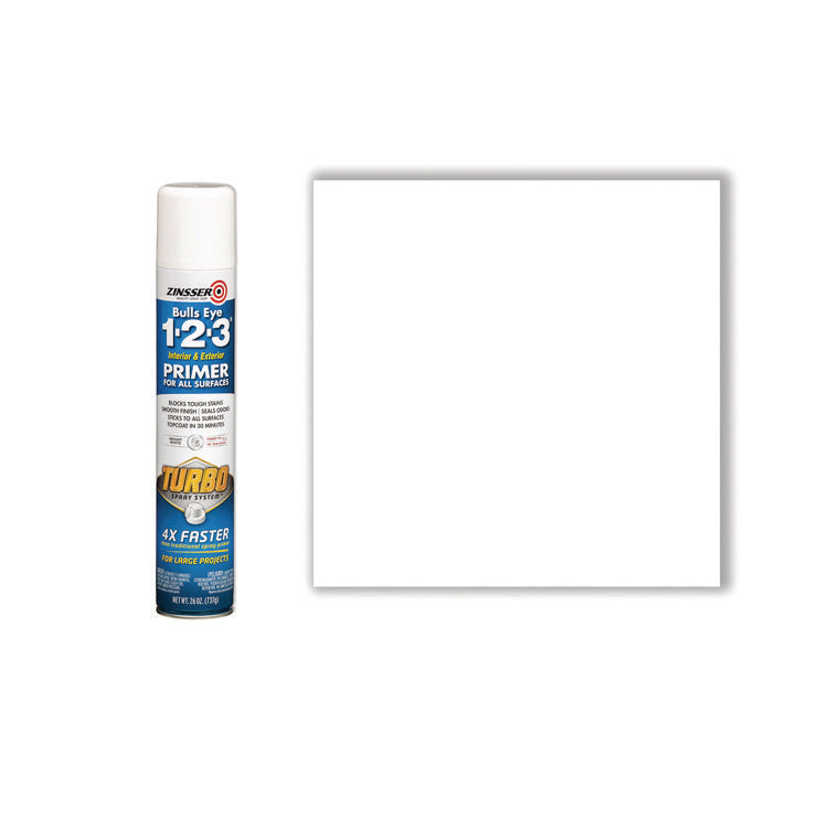 Bulls Eye 1-2-3 Primer Spray, Turbo Spray System, Interior/Exterior, Flat Bright White, 26 oz Aerosol Can, 6/Carton