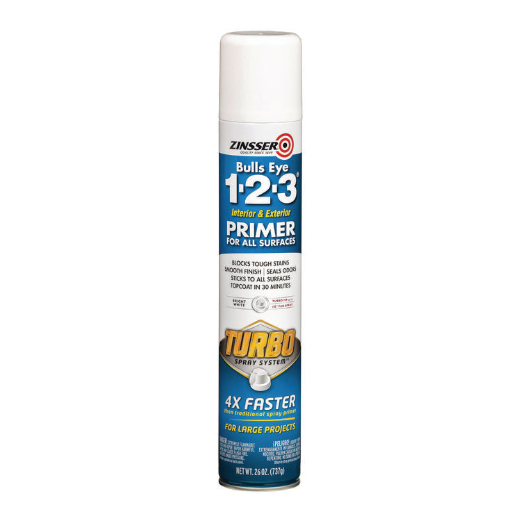 Bulls Eye 1-2-3 Primer Spray, Turbo Spray System, Interior/Exterior, Flat Bright White, 26 oz Aerosol Can, 6/Carton