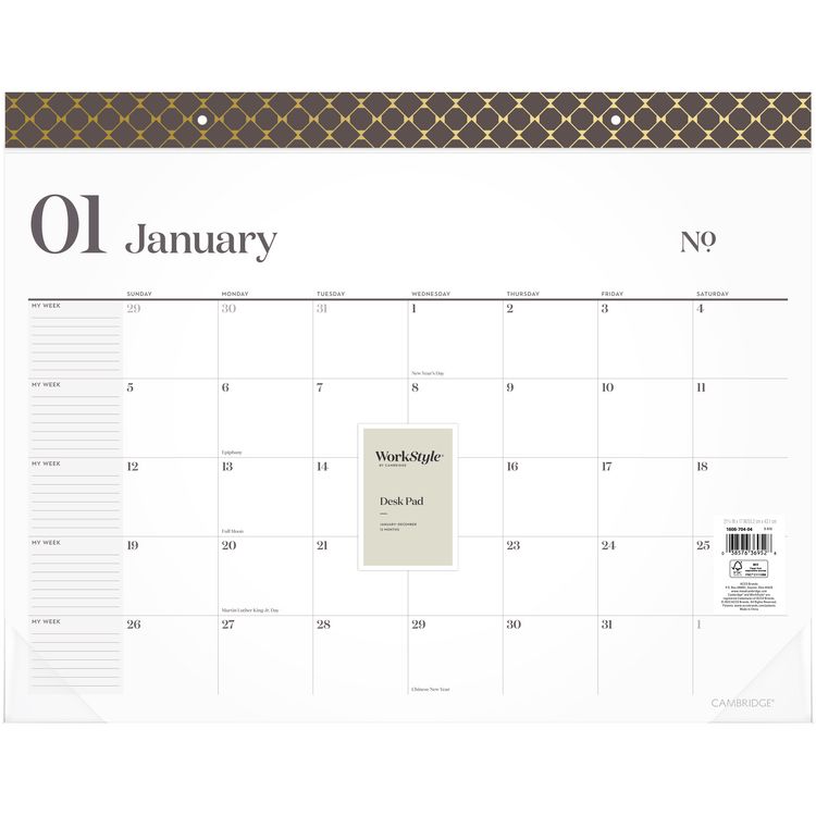 WorkStyle Monthly Desk Pad Calendar, 21.75 x 17, White Sheets, Brown/Gold Headband, Clear Corners, 12-Month (Jan-Dec): 2025