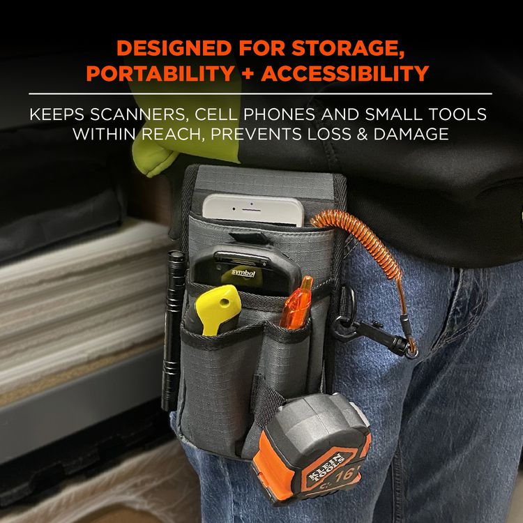 Arsenal 5568 Belt Loop Tool Pouch with Device Holster, 4 Compartments, 5 x 2 x 8.5, Polyester, Gray
