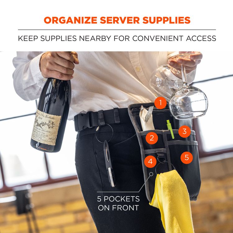 Arsenal 5716 Server Apron Pouch with Pockets, 5 Compartments, 11 x 10, Nylon, Black