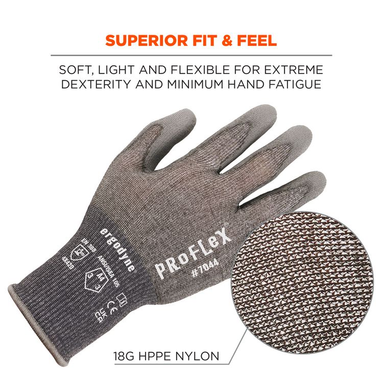 ProFlex 7044 ANSI A4 PU Coated CR Gloves, EN388: 4X42D, 9" Long, X-Small, Gray, Pair