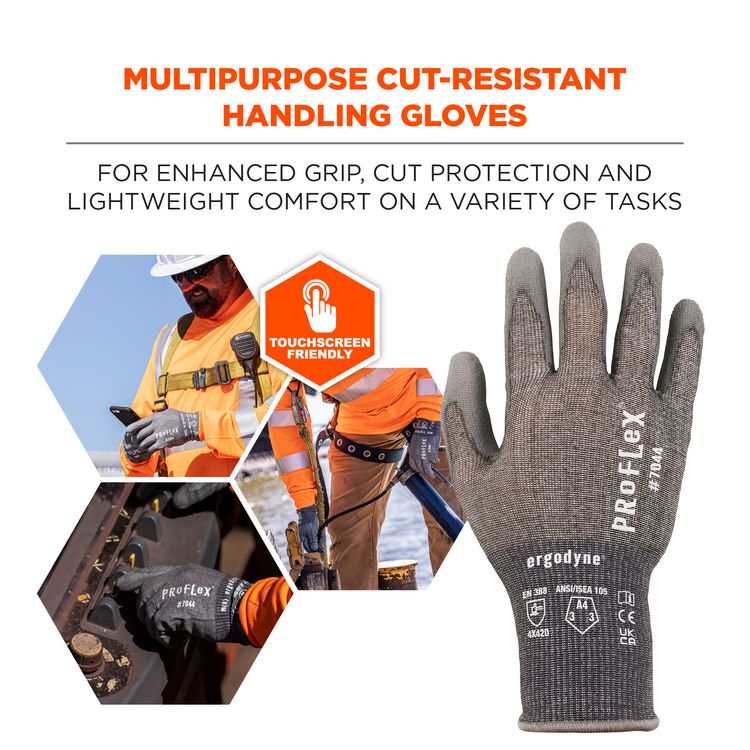 ProFlex 7044 ANSI A4 PU Coated CR Gloves, EN388: 4X42D, 9" Long, X-Small, Gray, Pair