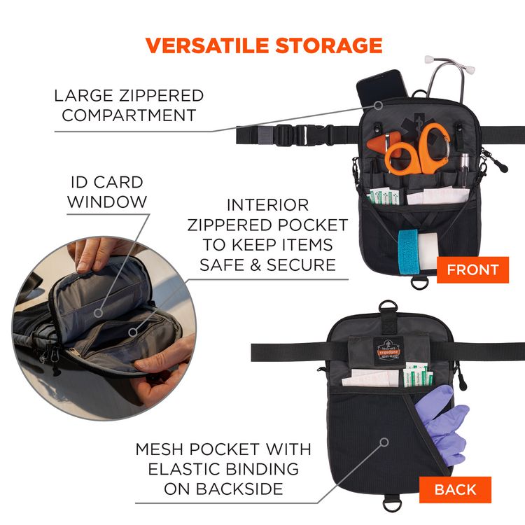 Arsenal 5717 Convertible Nurse Belt Bag, 10 Compartments, 7 x 10, Nylon, Black