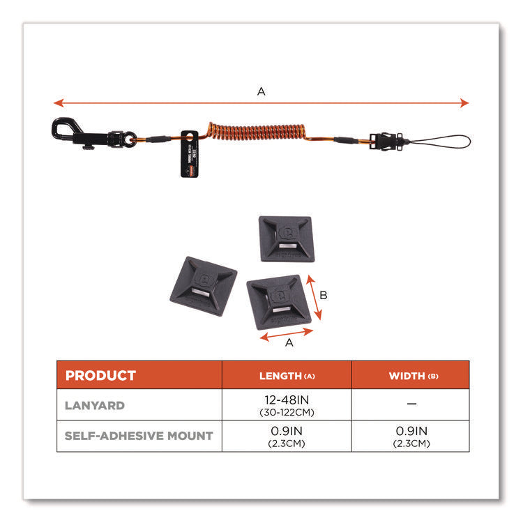 Squids 3151 Coil Lanyard Swivel Hook/Detachable Loop, Mini Adhesive Mount, 2 lb Max Working Capacity, 12" Long, Black/Orange