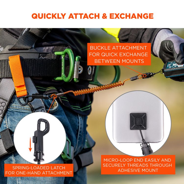 Squids 3151 Coil Lanyard Swivel Hook/Detachable Loop, Mini Adhesive Mount, 2 lb Max Working Capacity, 12" Long, Black/Orange