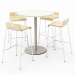 Pedestal Bistro Table with Four Natural Jive Series Barstools, Round, 36" Dia x 41h, Designer White