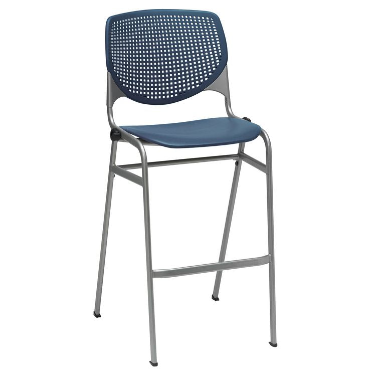 Pedestal Bistro Table with Four Navy Kool Series Barstools, Round, 36" Dia x 41h, Studio Teak