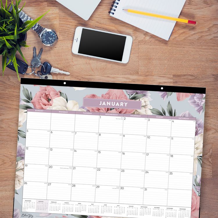 Tula Monthly Desk Pad Calendar, Floral Artwork, 22" x 17", White/Purple/Pink Sheets, Black Headband, 12-Month (Jan-Dec): 2025