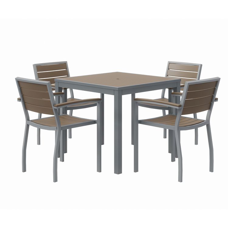Eveleen Outdoor Patio Table with Four Mocha Powder-Coated Polymer Chairs, Square, 32", Mocha