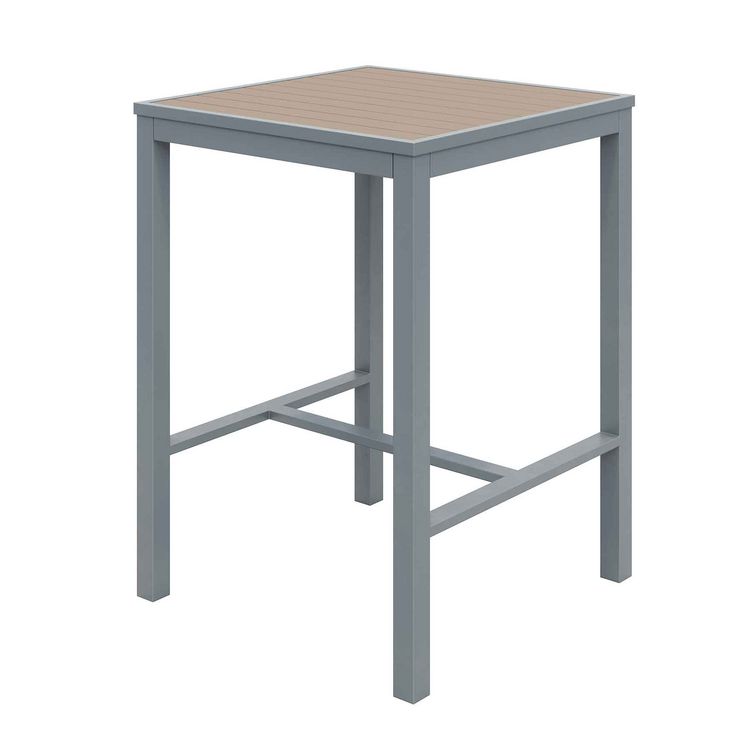 Eveleen Outdoor Bistro Patio Table with Two Mocha Powder-Coated Polymer Barstools, 30" Square, Mocha
