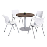Pedestal Table with Four White Kool Series Chairs, Round, 36" Dia x 29h, Studio Teak