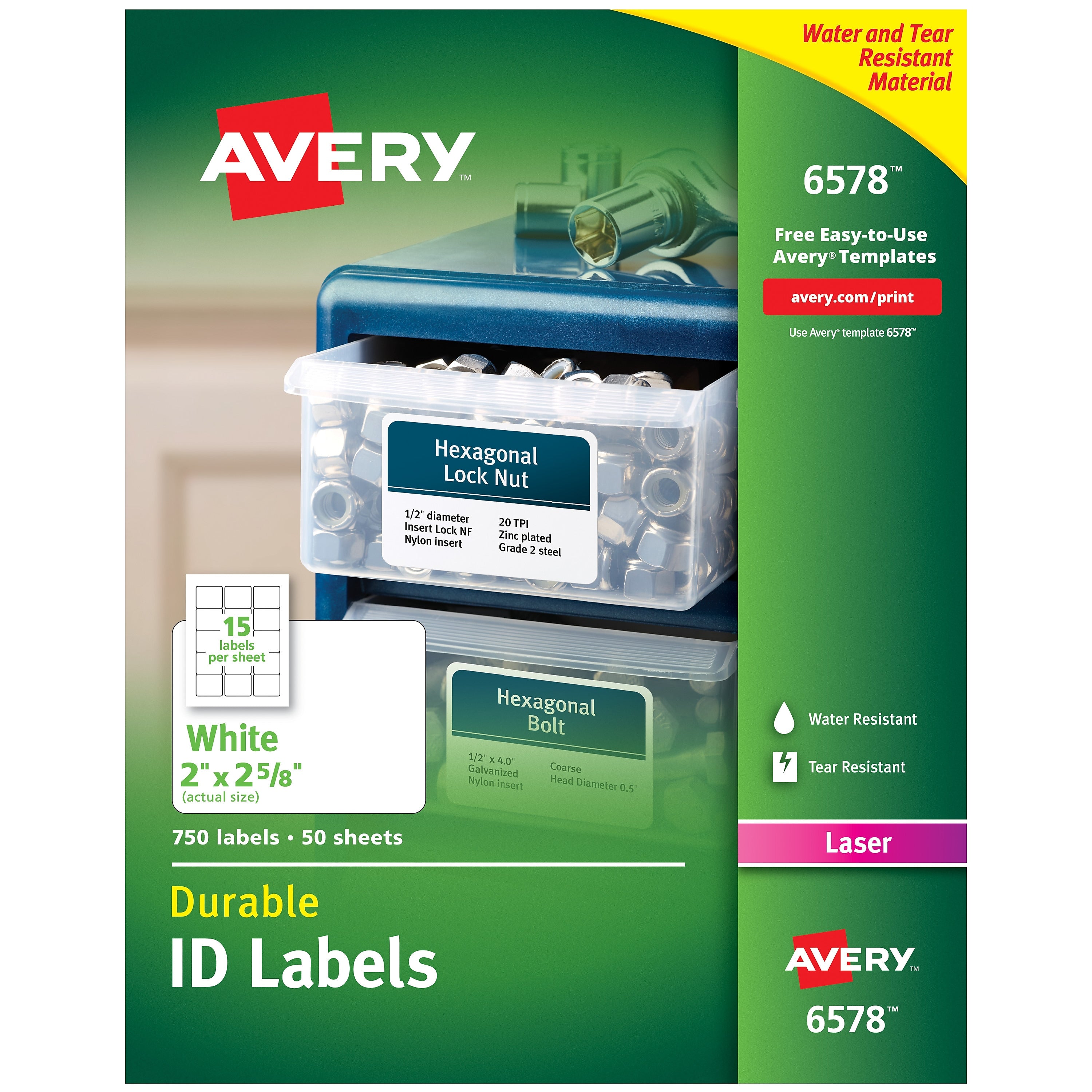 Avery TrueBlock Laser Durable ID Labels, 2" x 2-5/8", White, 750 Labels/Box (6578)