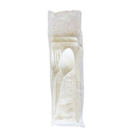 Four-Piece Polypropylene Cutlery Kit, Mediumweight, Fork/Knife/Napkin/Spoon, Plastic, White, 250/Carton