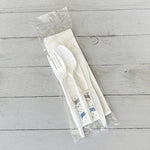 Six-Piece Cutlery Kit, Mediumweight, Fork/Knife/Napkin/Pepper/Salt/Spoon, 5.86", Plastic, White, 250/Carton