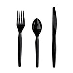 Three-Piece Polystyrene Cutlery Kit, Heavyweight, Fork/Knife/Spoon, Plastic, Black, 250/Carton