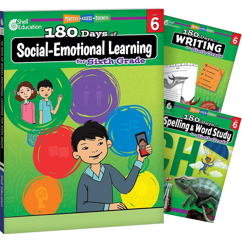 Shell Education 180 Days Social-Emotional Learning, Writing, & Spelling Grade 6, 3/Set (SEP147658)