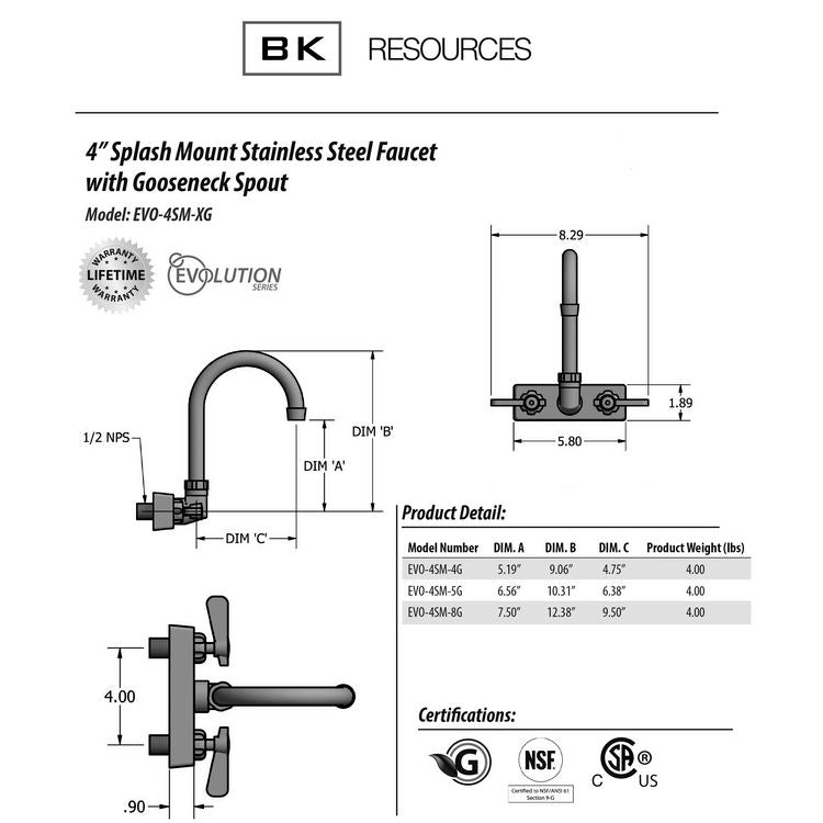 Evolution Splash Mount Stainless Steel Faucet, 12.38" Height/8" Reach, Stainless Steel