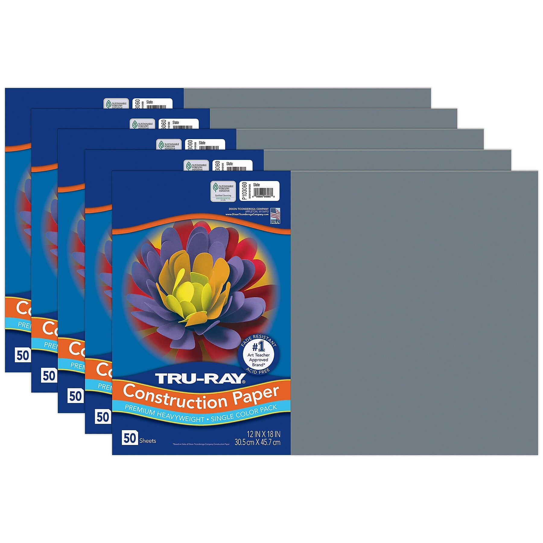 Tru-Ray 12" x 18" Construction Paper, Slate, 50 Sheets/Pack, 5 Packs/Bundle (PAC103060-5)