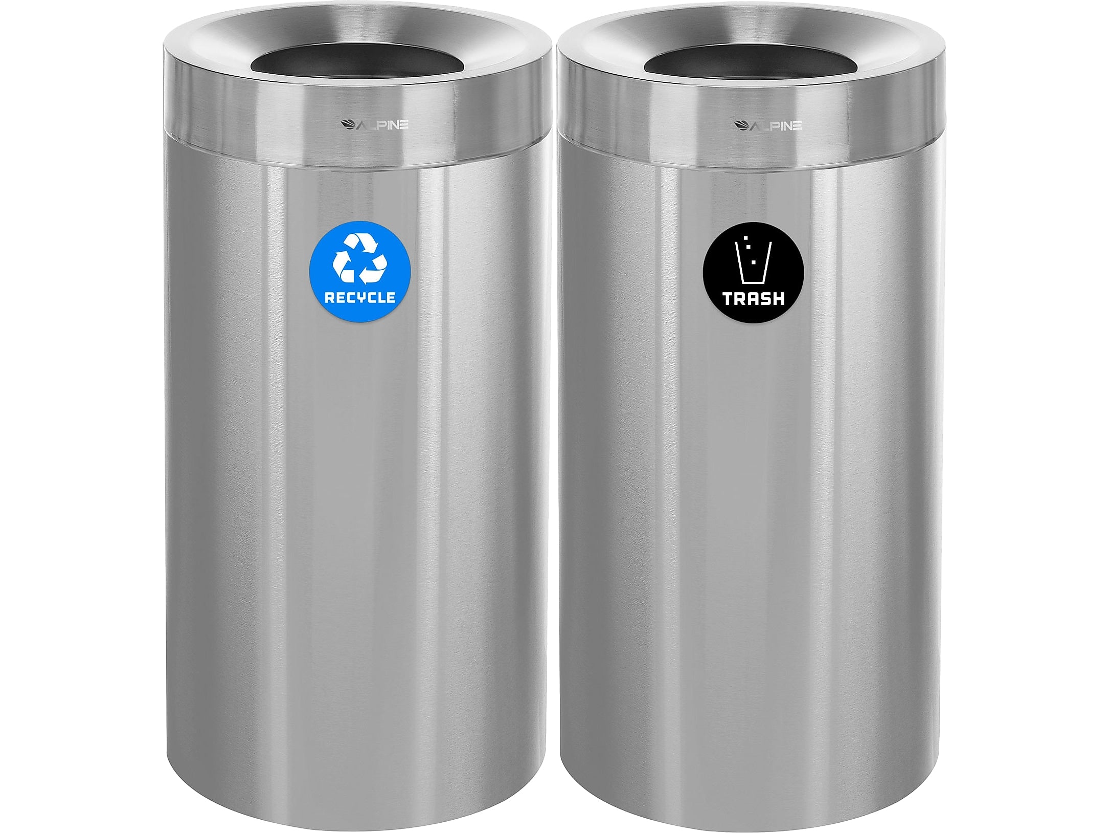 Alpine Industries Stainless Steel Recycling Bin and Trash Can with Open Lid, 27 Gallon, Silver, 2/Pack (ALP475-27-R-T)