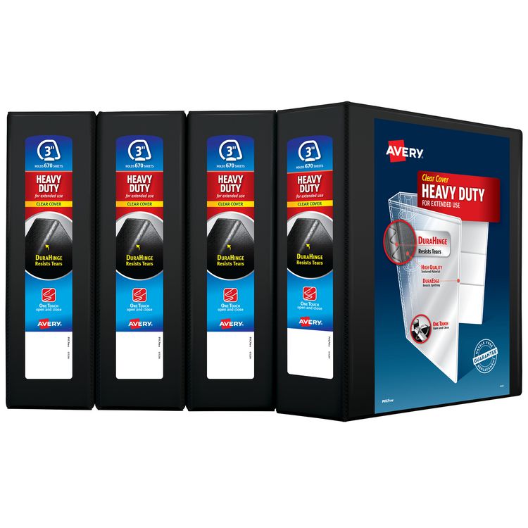 Heavy-Duty View Binder with DuraHinge and One Touch EZD Rings, 3 Rings, 3" Capacity, 11 x 8.5, Black, 4/Carton