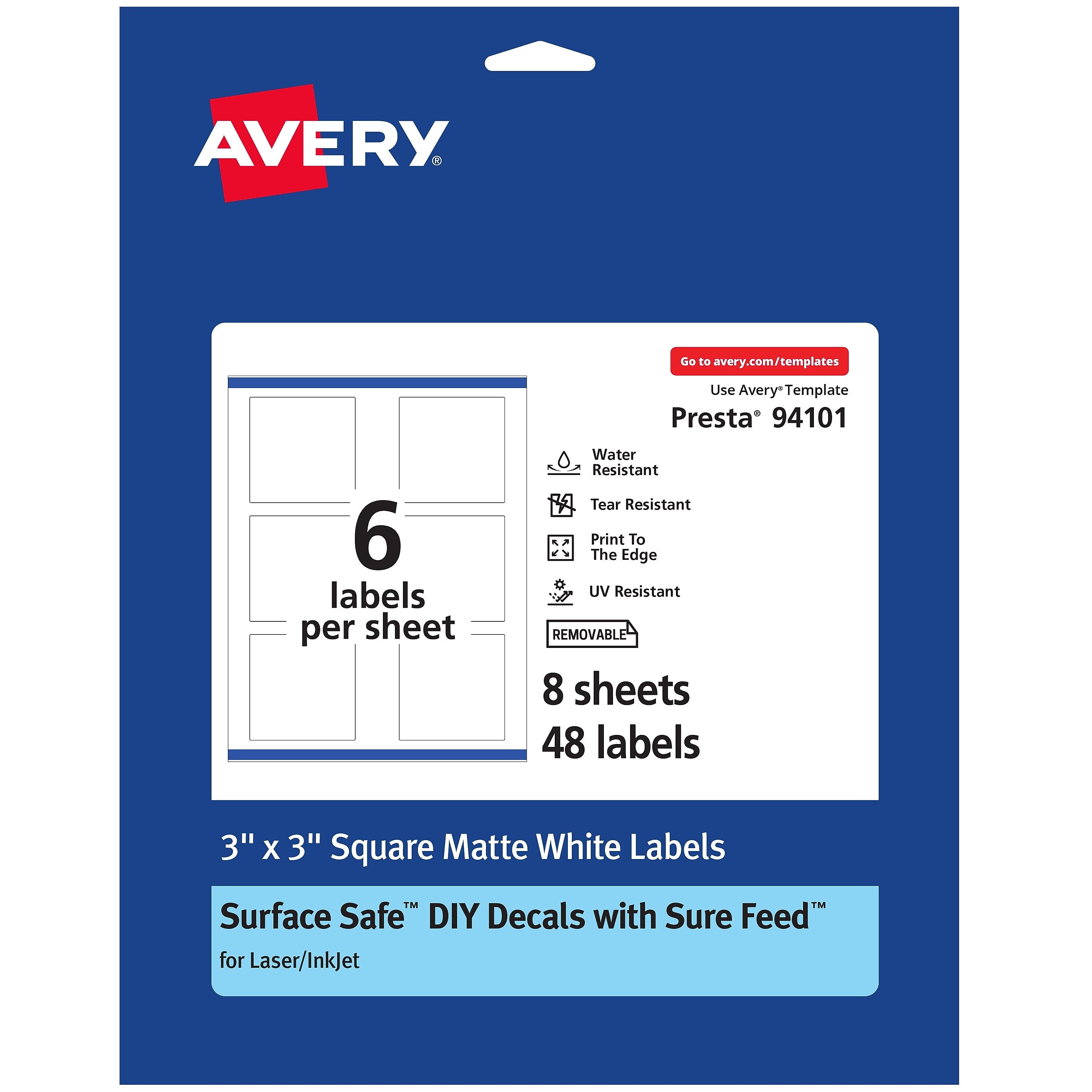 Avery Laser/Inkjet Square Multipurpose Labels, 3" x 3", Matte White, 48 Labels/Pack (94101)