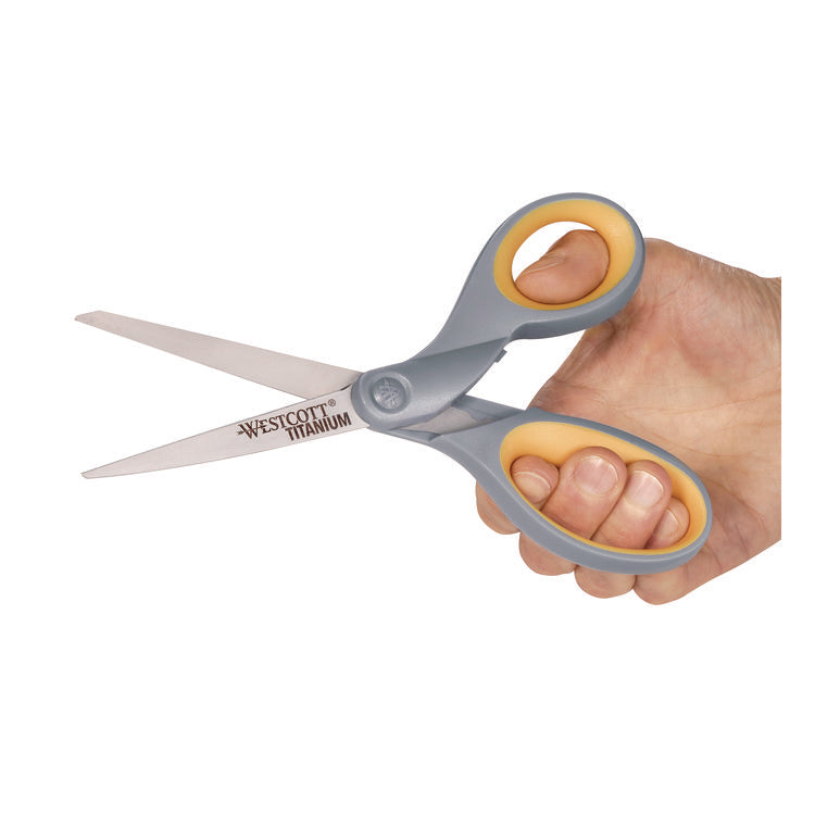 Titanium Bonded Scissors, 8" Long, 3.5" Cut Length, Straight Gray/Yellow Handle, 3/Pack