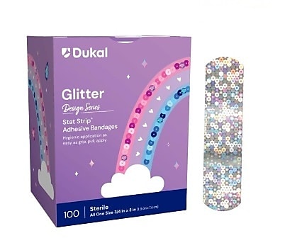 SmileMakers Stat Strip Glitter Strips 3/4" x 3" Adhesive Bandages, Silver, 100 Bandages/Box, 12 Boxes/Case (BLIC)