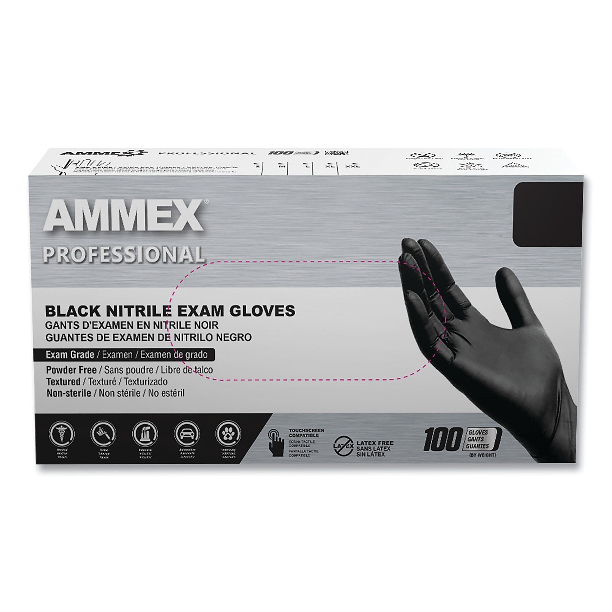 AMMEX Professional Nitrile Exam Gloves, Powder-Free, 3 mil, Small, Black, 100/Box, 10 Boxes/Carton
