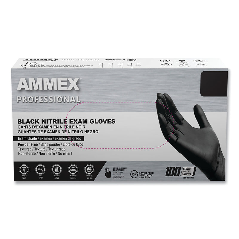 AMMEX Professional Nitrile Exam Gloves, Powder-Free, 3 mil, Small, Black, 100/Box, 10 Boxes/Carton