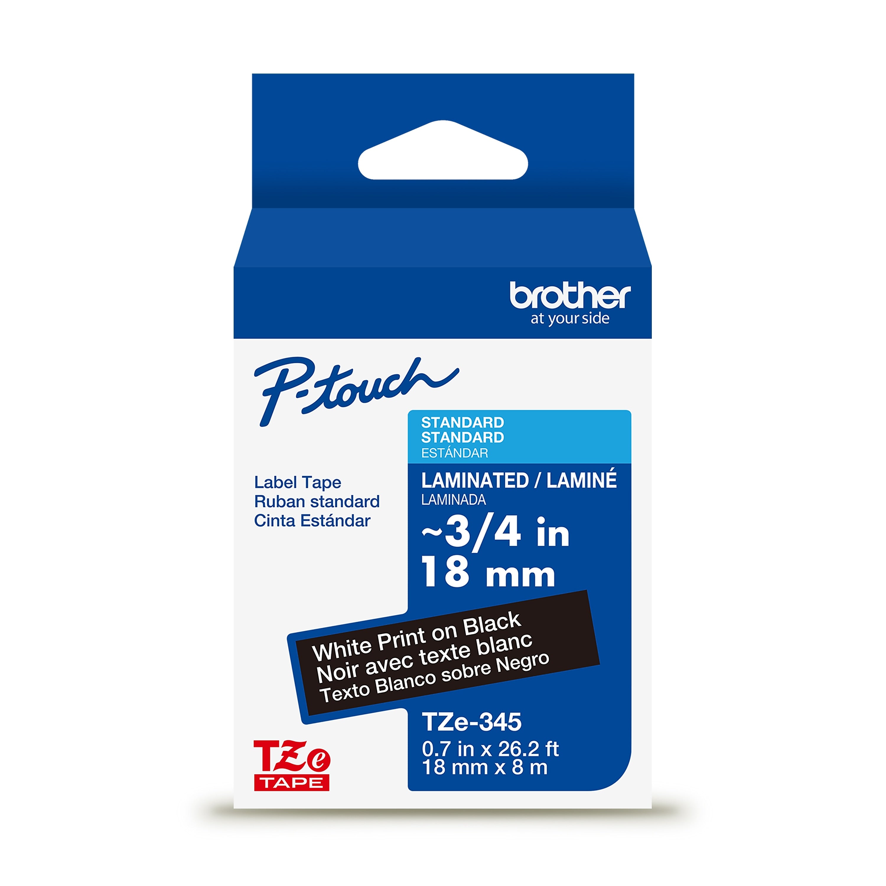 Brother P-touch Laminated Label Tape, ~3/4" x 26.2', White on Black (TZe345)