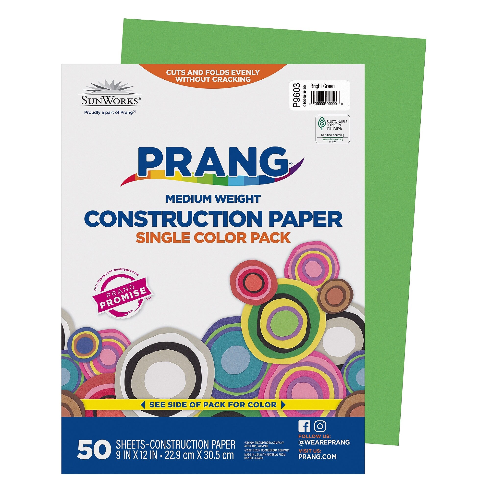 Prang 9" x 12" Construction Paper, Bright Green, 50 Sheets/Pack (P9603-0001)