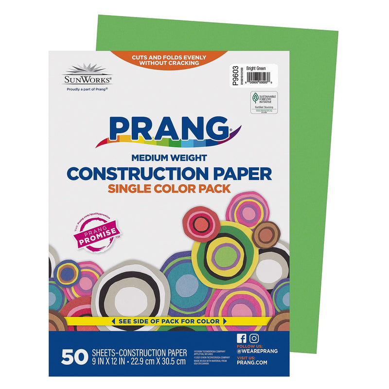 Prang 9" x 12" Construction Paper, Bright Green, 50 Sheets/Pack (P9603-0001)