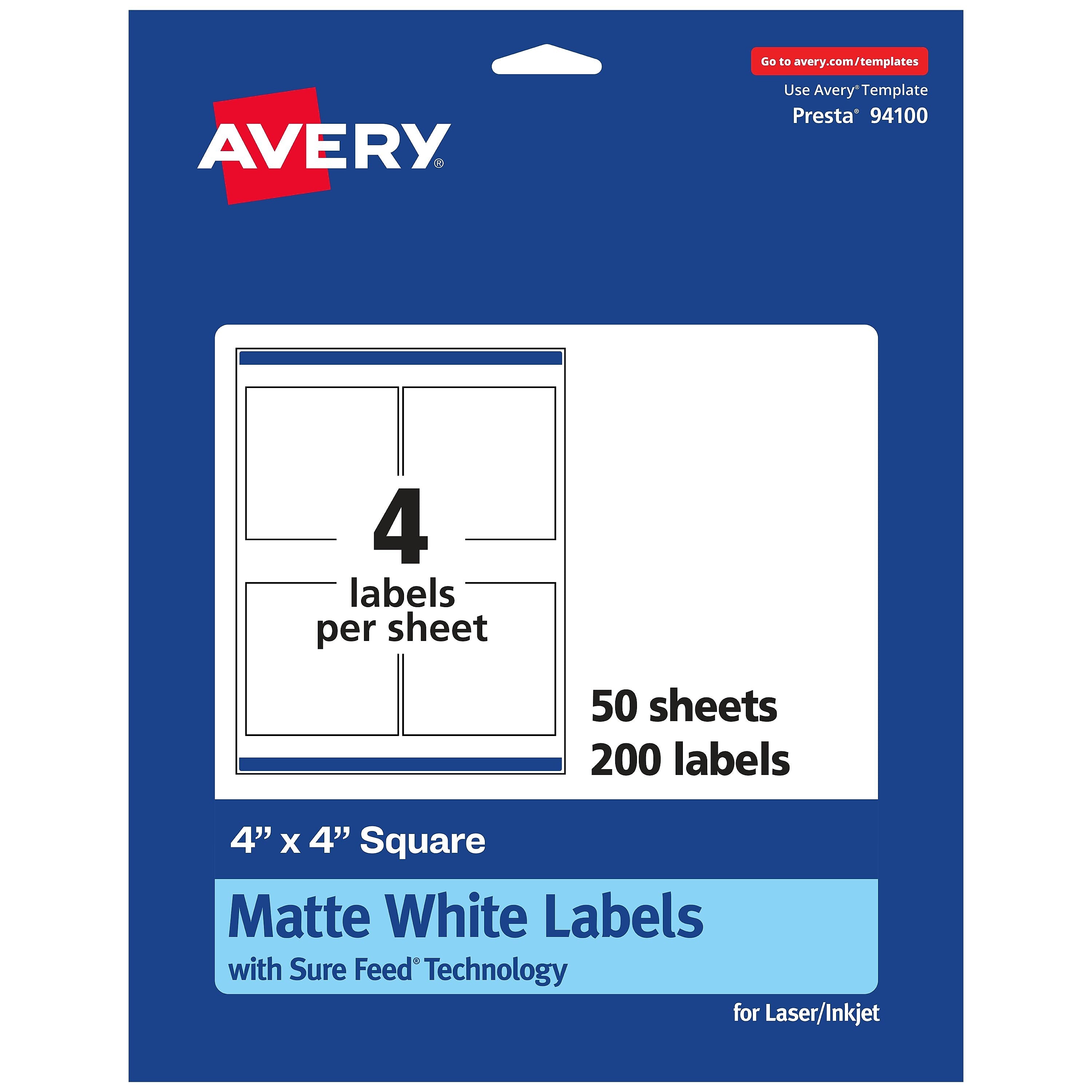 Avery Laser/Inkjet Multipurpose Labels, 4" x 4", White, 200 Labels/Box (94100)