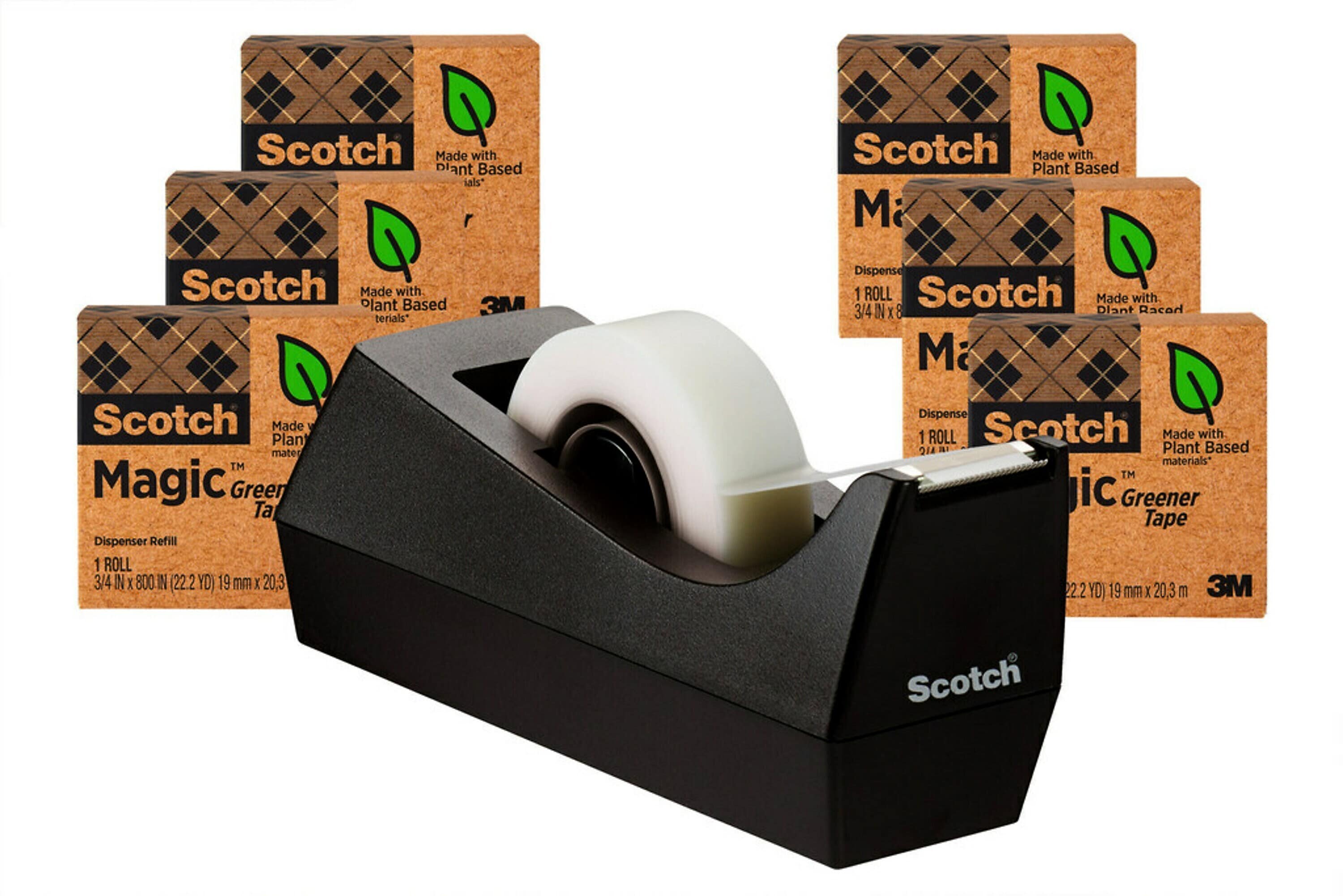 Scotch Magic Greener Invisible Clear Tape With Dispenser, 0.75" x 25 yds., 1" Core, 6 Rolls/Pack (8126PC38)