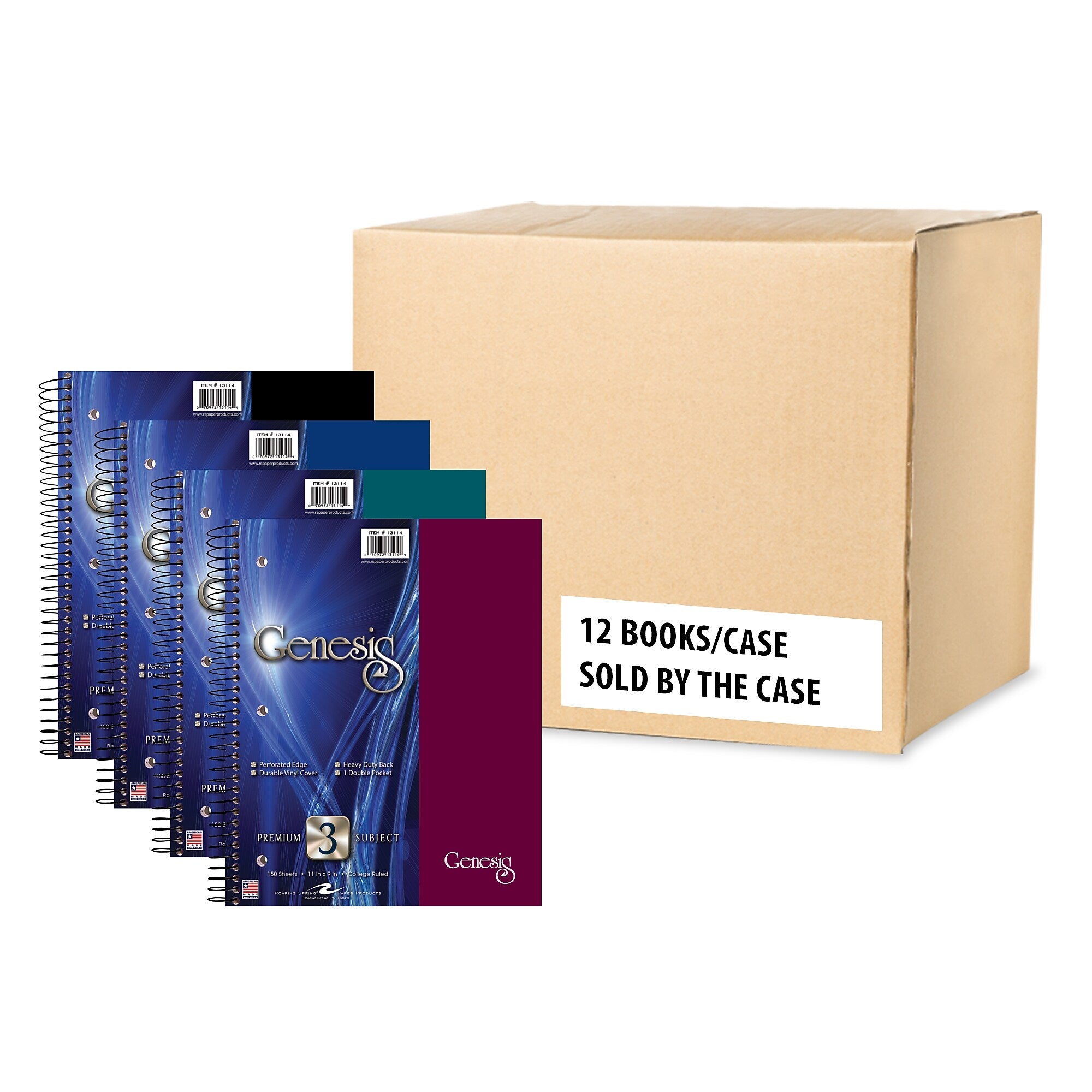 Roaring Spring Genesis 3-Subject Notebook, 9" x 11", College Ruled, 150 Sheets, Assorted Colors, 12 Books/Carton (13114CS)