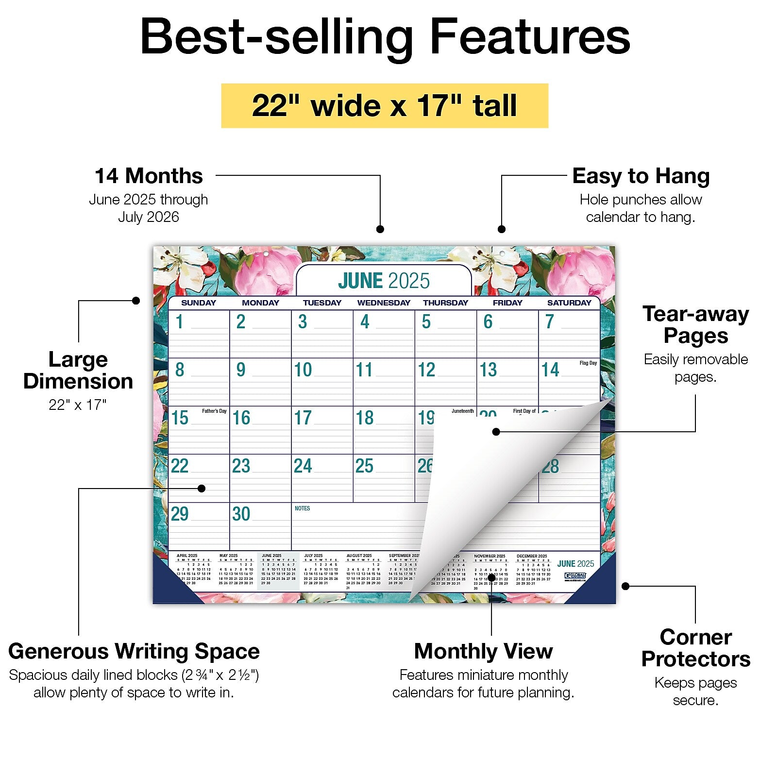 2025-2026 Global Printed Products Teal Floral 22" x 17" Desk Pad Calendar, Multicolor (NAD26-DP-17)