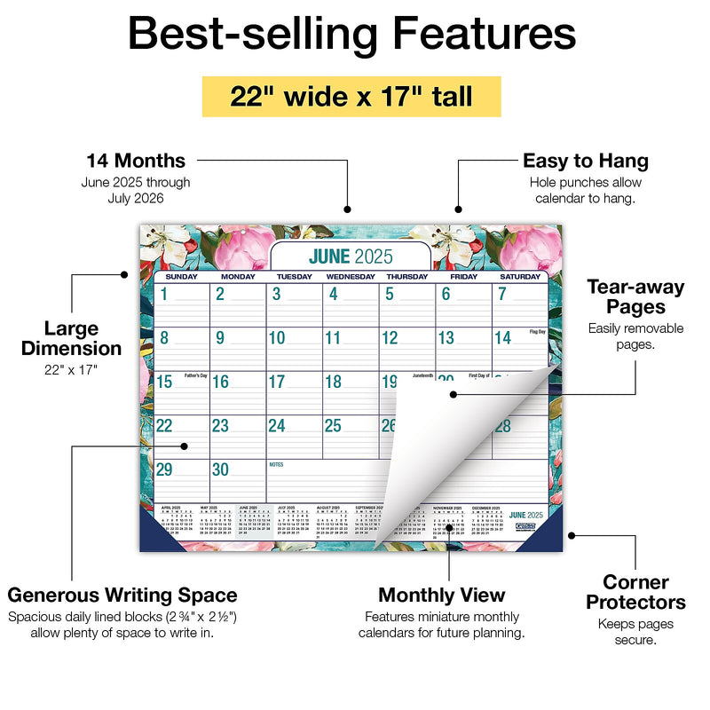 2025-2026 Global Printed Products Teal Floral 22" x 17" Desk Pad Calendar, Multicolor (NAD26-DP-17)