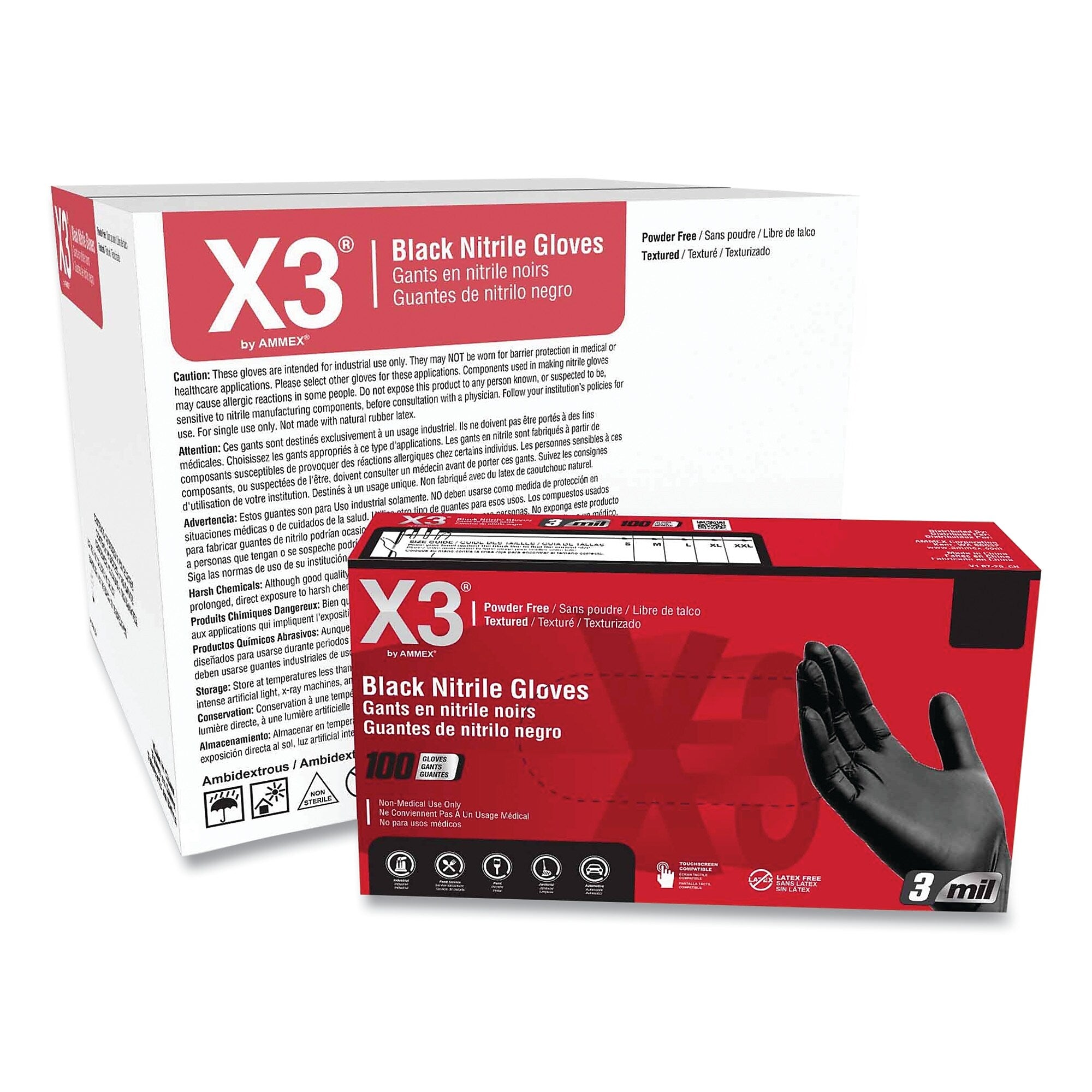 X3 by AMMEX Industrial Nitrile Gloves, Powder-Free, 3 mil, Large, Black, 100/Box, 10 Boxes/Carton