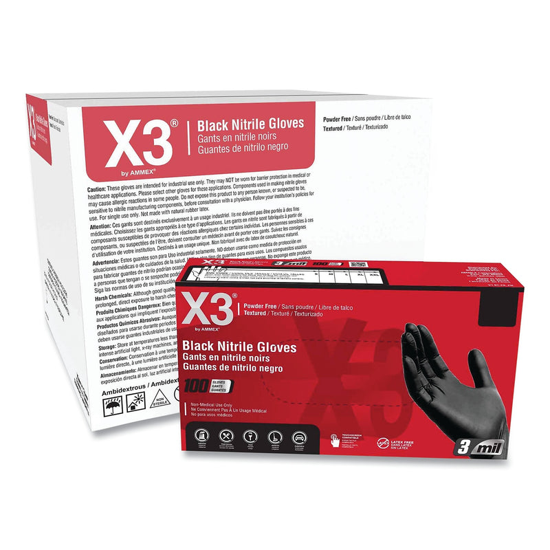 X3 by AMMEX Industrial Nitrile Gloves, Powder-Free, 3 mil, Large, Black, 100/Box, 10 Boxes/Carton