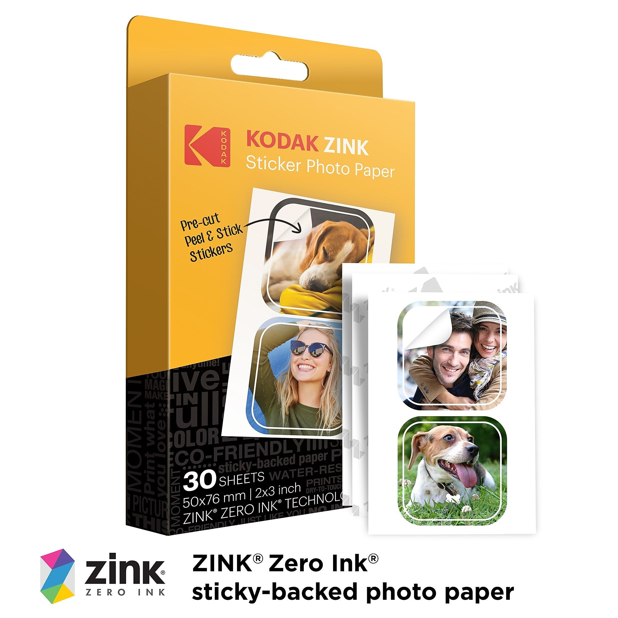 Kodak Zink Premium Pre-Cut Sticker Photo Paper, 2" x 3", 30 Sheets/Pack (RODZ2X330C)
