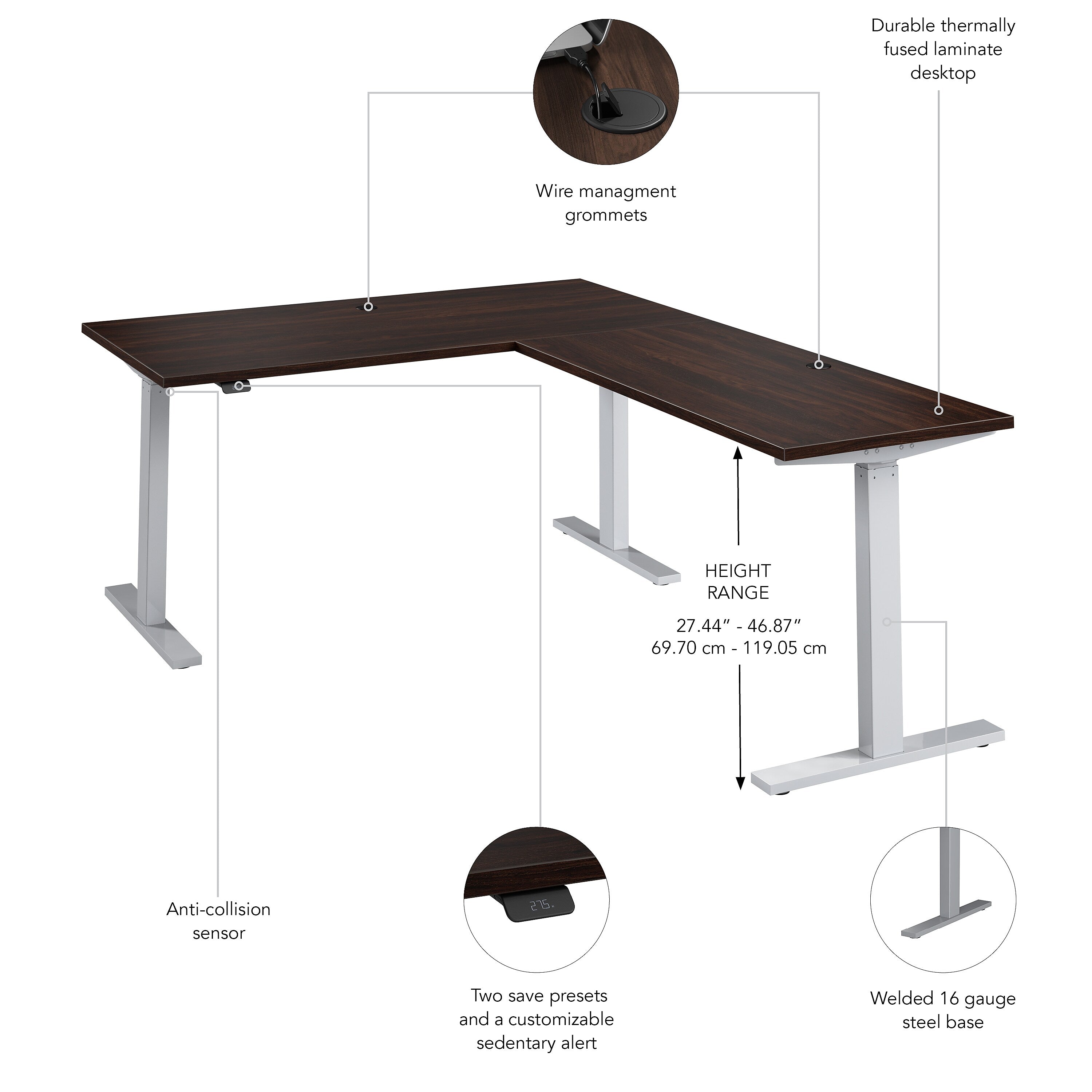 Bush Business Furniture Move 60 Series 60"W L Shaped Adjustable Standing Desk, Black Walnut (M6SL6078BWSK)