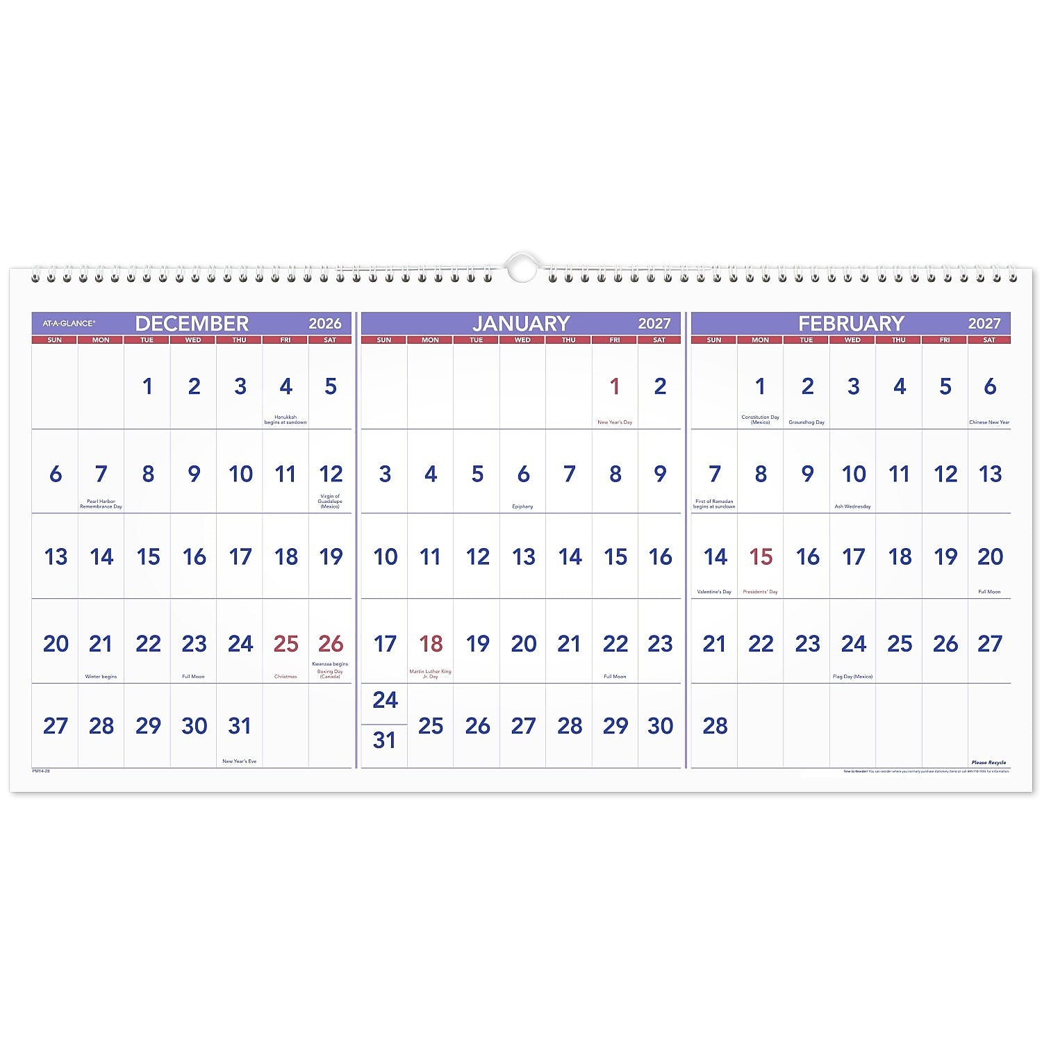 2025 -2027 AT-A-GLANCE 27" x 12" Three-Month Wall Calendar, White/Purple (PM14-28-26)