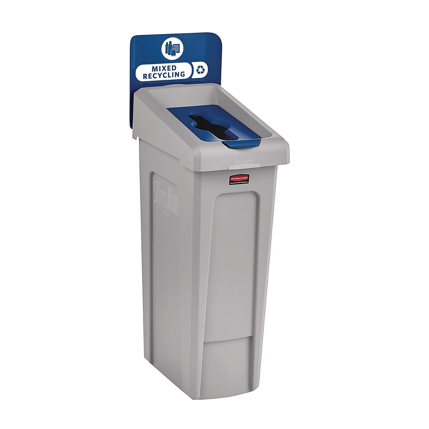 Rubbermaid Commercial Slim Jim Single-Stream Mixed Recycling Station Kit, 23 Gallon, Gray/Blue (2185055)